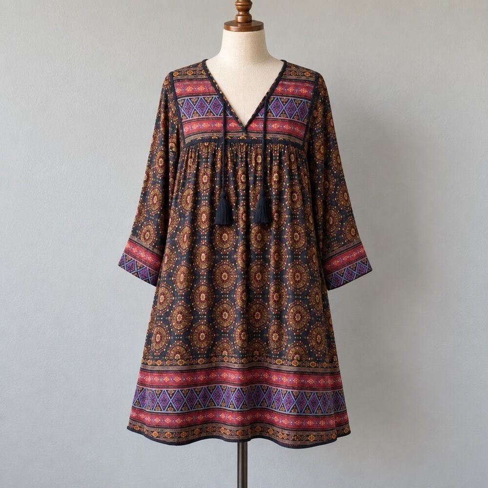 Love And Liberty Boho Silk Tunic Dress Medallion Print Tassel Festival L